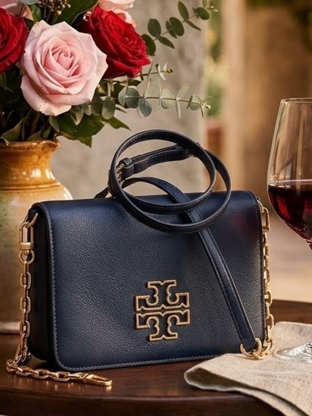 Tory Burch Britten Combo Crossbody Bag – Navy Blue Leather Gold Logo Authentic